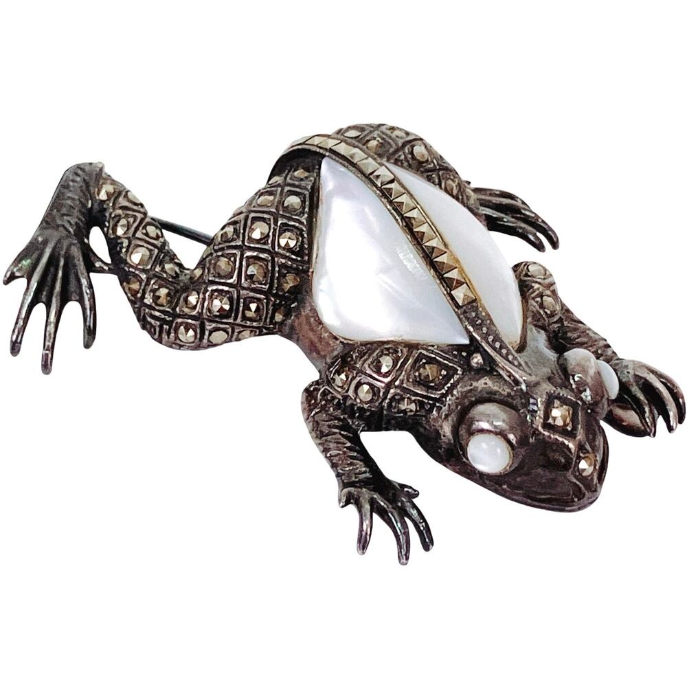 Mid Century Art Deco Revival Frog Brooch Sterling Marcasite Mother of Pearl